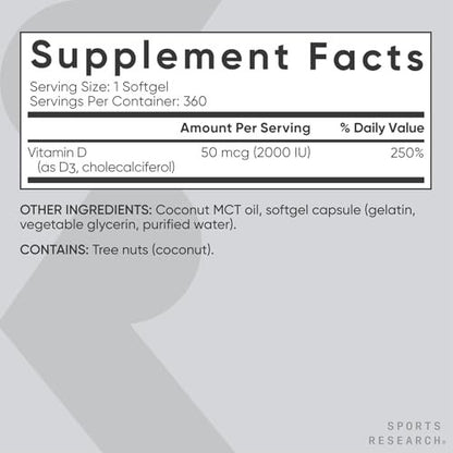 Sports Research Vitamin D3 2000 IE mit Kokos-MCT-Öl – Doppelte Stärke Vitamin-D-Ergänzung – Non-GMO verifiziert, gluten- & sojafrei – 50 µg, 360 flüssige Weichkapseln