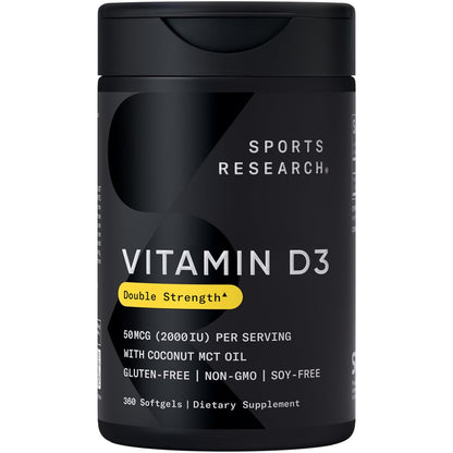 Sports Research Vitamin D3 2000 IE mit Kokos-MCT-Öl – Doppelte Stärke Vitamin-D-Ergänzung – Non-GMO verifiziert, gluten- & sojafrei – 50 µg, 360 flüssige Weichkapseln