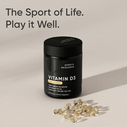 Sports Research Vitamin D3 2000 IE mit Kokos-MCT-Öl – Doppelte Stärke Vitamin-D-Ergänzung – Non-GMO verifiziert, gluten- & sojafrei – 50 µg, 360 flüssige Weichkapseln
