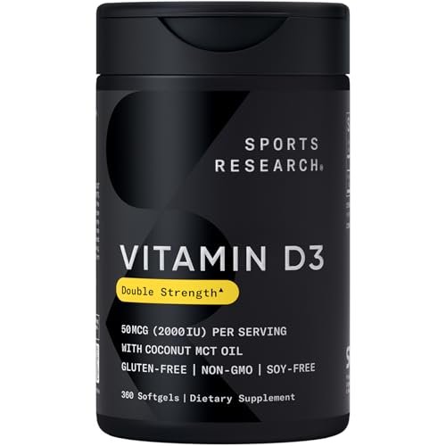 Sports Research Vitamin D3 2000 IE mit Kokos-MCT-Öl – Doppelte Stärke Vitamin-D-Ergänzung – Non-GMO verifiziert, gluten- & sojafrei – 50 µg, 360 flüssige Weichkapseln