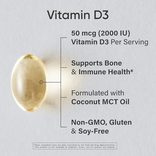 Sports Research Vitamin D3 2000 IE mit Kokos-MCT-Öl – Doppelte Stärke Vitamin-D-Ergänzung – Non-GMO verifiziert, gluten- & sojafrei – 50 µg, 360 flüssige Weichkapseln