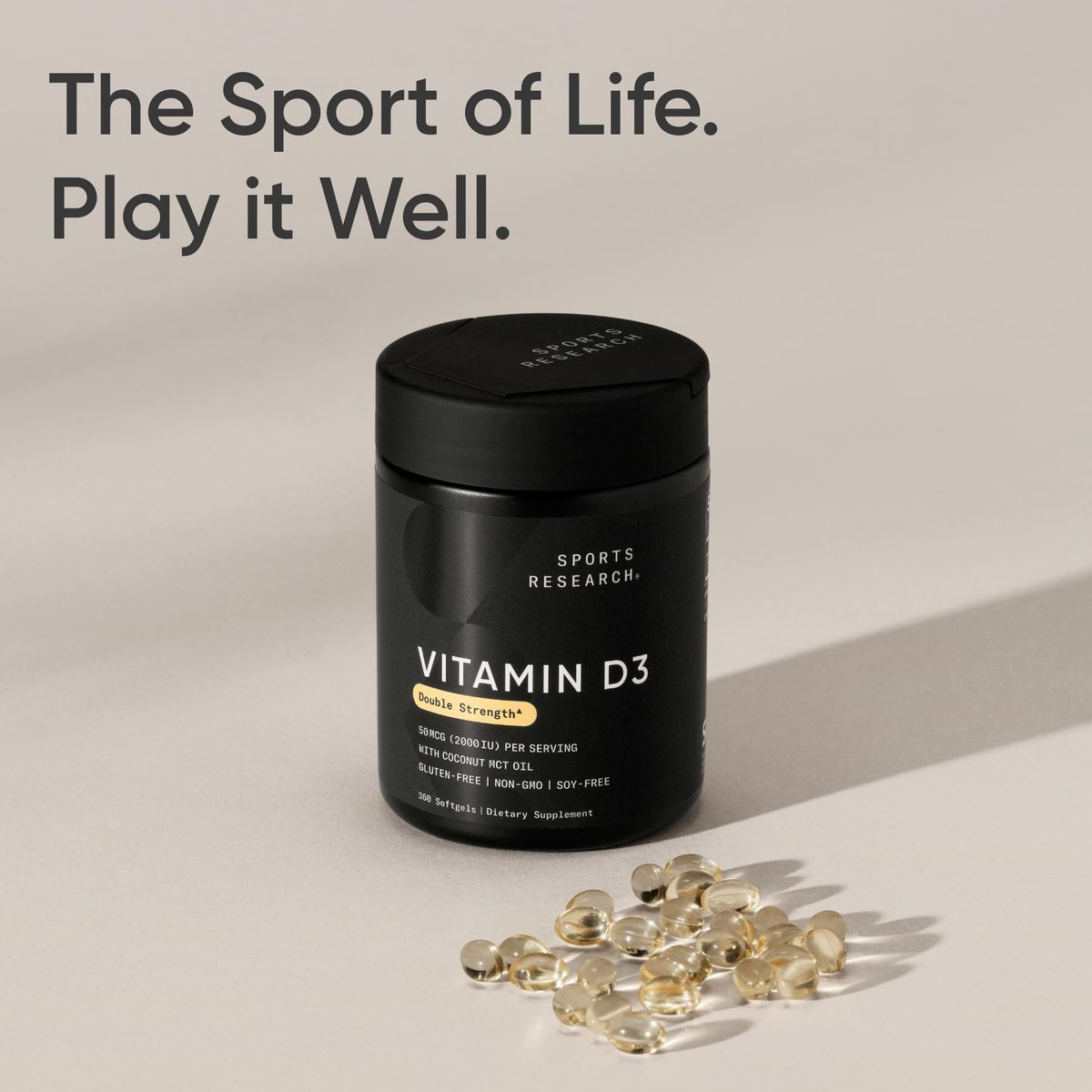 Sports Research Vitamin D3 2000 IE mit Kokos-MCT-Öl – Doppelte Stärke Vitamin-D-Ergänzung – Non-GMO verifiziert, gluten- & sojafrei – 50 µg, 360 flüssige Weichkapseln