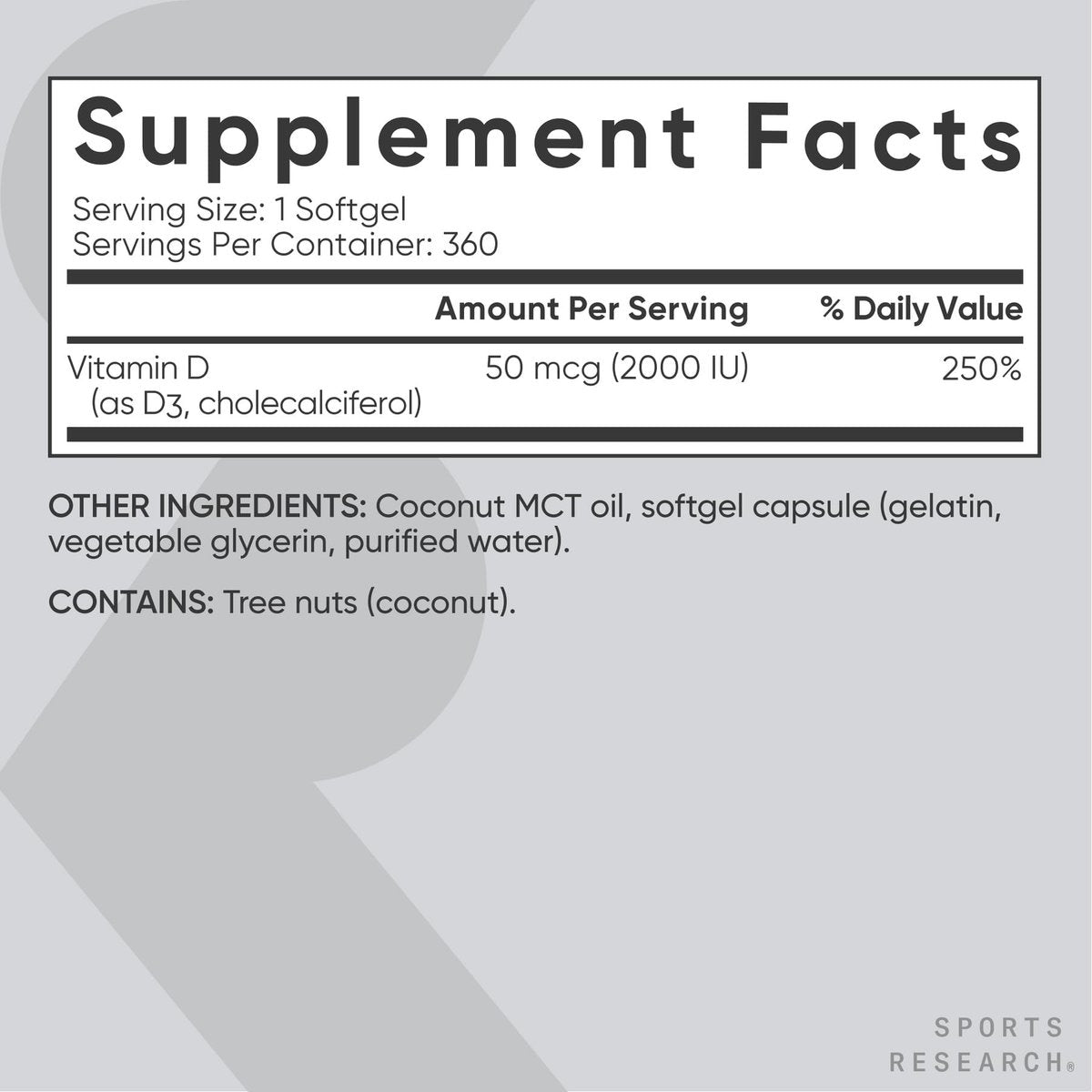 Sports Research Vitamin D3 2000 IE mit Kokos-MCT-Öl – Doppelte Stärke Vitamin-D-Ergänzung – Non-GMO verifiziert, gluten- & sojafrei – 50 µg, 360 flüssige Weichkapseln