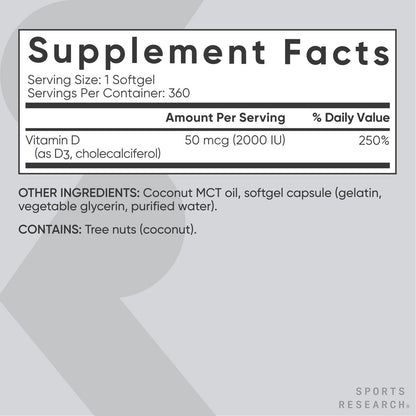 Sports Research Vitamin D3 2000 IE mit Kokos-MCT-Öl – Doppelte Stärke Vitamin-D-Ergänzung – Non-GMO verifiziert, gluten- & sojafrei – 50 µg, 360 flüssige Weichkapseln