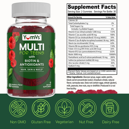 YUM-V'S Teen Multivitamin Gummis mit Biotin & Antioxidantien – Himbeergeschmack – Unterstützung für Haare, Haut & Nägel – Koschere Gummivitamine für Jugendliche 12–17 Jahre – 60 Stück