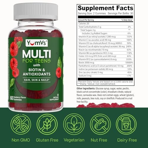 YUM-V'S Teen Multivitamin Gummis mit Biotin & Antioxidantien – Himbeergeschmack – Unterstützung für Haare, Haut & Nägel – Koschere Gummivitamine für Jugendliche 12–17 Jahre – 60 Stück