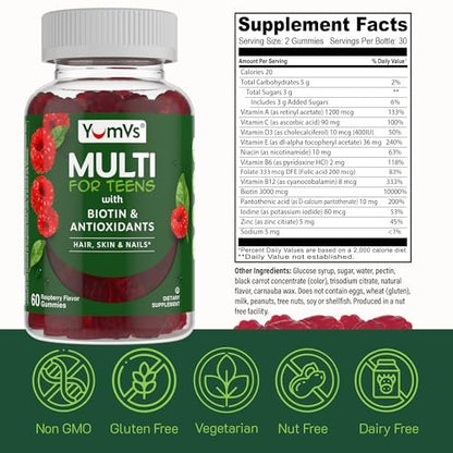 YUM-V'S Teen Multivitamin Gummis mit Biotin & Antioxidantien – Himbeergeschmack – Unterstützung für Haare, Haut & Nägel – Koschere Gummivitamine für Jugendliche 12–17 Jahre – 60 Stück