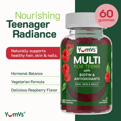 YUM-V'S Teen Multivitamin Gummis mit Biotin & Antioxidantien – Himbeergeschmack – Unterstützung für Haare, Haut & Nägel – Koschere Gummivitamine für Jugendliche 12–17 Jahre – 60 Stück