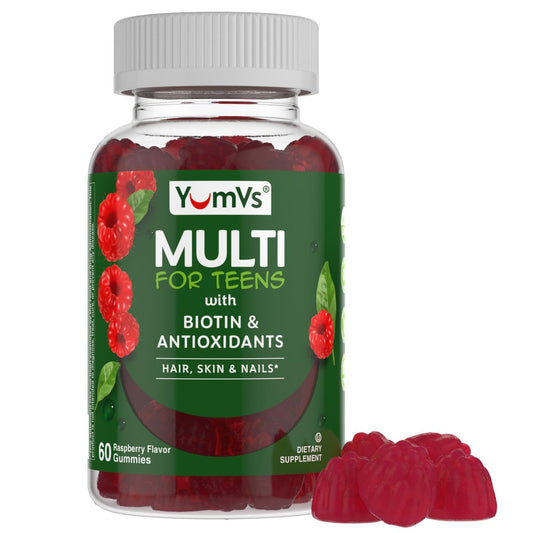 YUM-V'S Teen Multivitamin Gummis mit Biotin & Antioxidantien – Himbeergeschmack – Unterstützung für Haare, Haut & Nägel – Koschere Gummivitamine für Jugendliche 12–17 Jahre – 60 Stück
