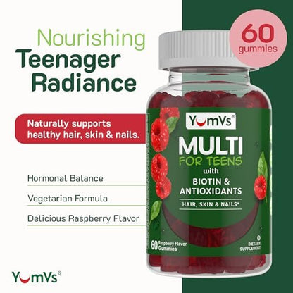 YUM-V'S Teen Multivitamin Gummis mit Biotin & Antioxidantien – Himbeergeschmack – Unterstützung für Haare, Haut & Nägel – Koschere Gummivitamine für Jugendliche 12–17 Jahre – 60 Stück