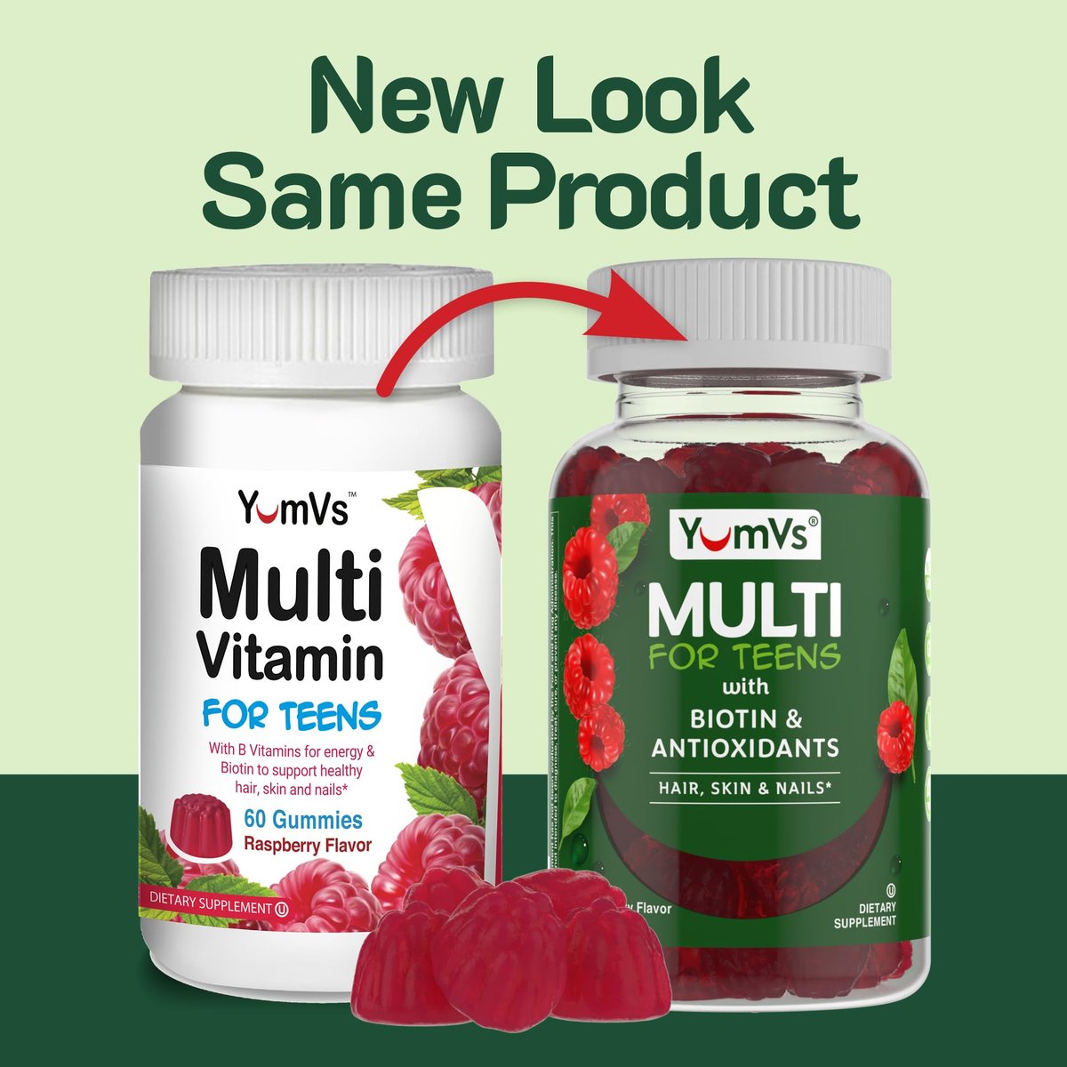 YUM-V'S Teen Multivitamin Gummis mit Biotin & Antioxidantien – Himbeergeschmack – Unterstützung für Haare, Haut & Nägel – Koschere Gummivitamine für Jugendliche 12–17 Jahre – 60 Stück