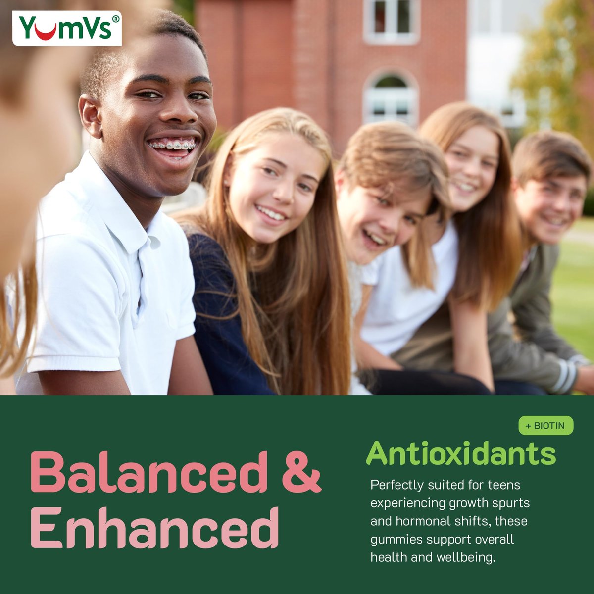 YUM-V'S Teen Multivitamin Gummis mit Biotin & Antioxidantien – Himbeergeschmack – Unterstützung für Haare, Haut & Nägel – Koschere Gummivitamine für Jugendliche 12–17 Jahre – 60 Stück