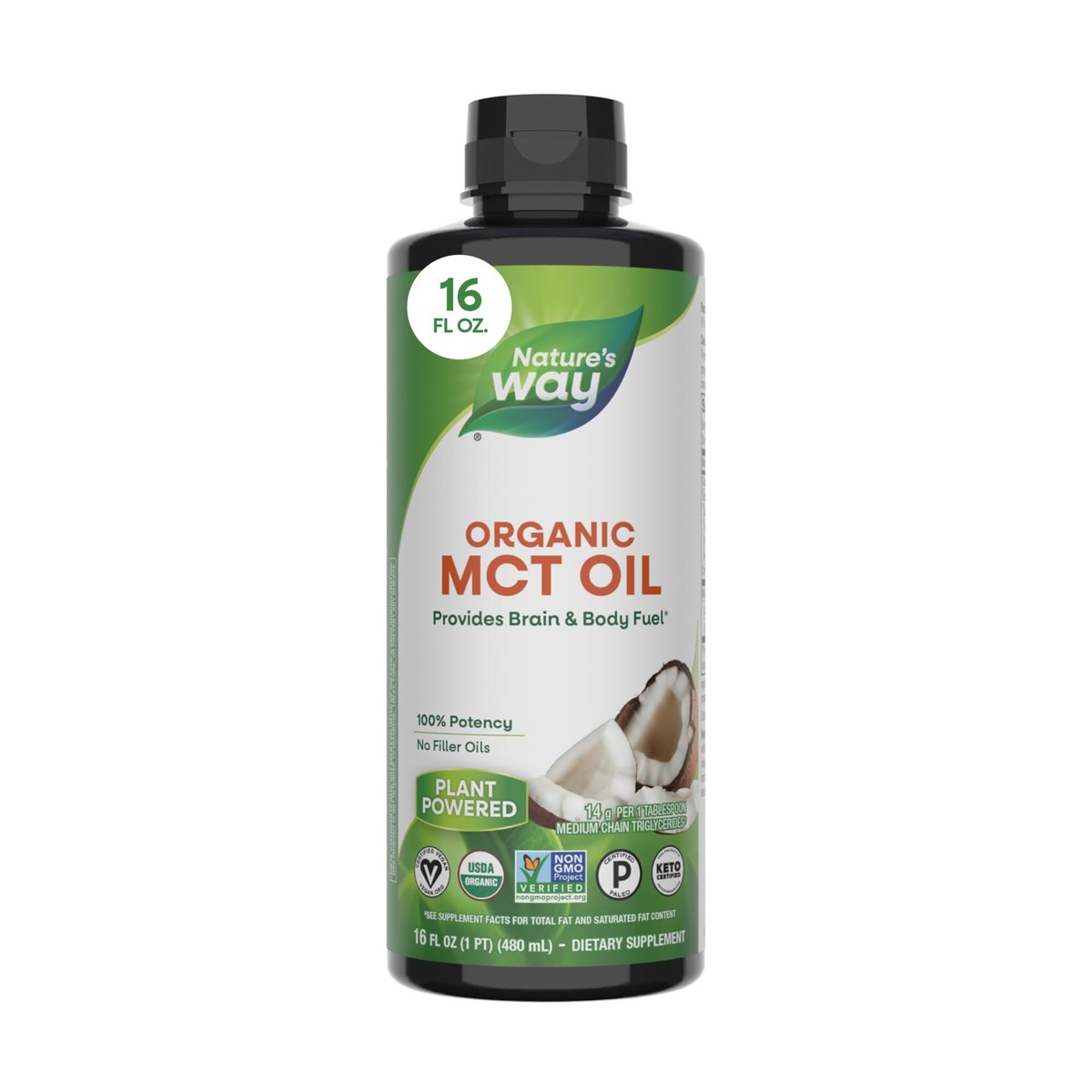 Nature's Way Bio-MCT-Öl, Gehirn- und Körperbrennstoff*, Flüssiges Kokosnuss-MCT-Öl mit C8-Capryl- und C10-Caprinsäure, 14 g mittelkettige Triglyceride pro Portion, Keto- und Paleo-zertifiziert, Nicht-GVO, 473 ml