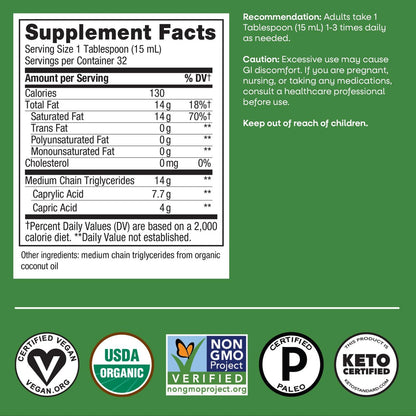Nature's Way Bio-MCT-Öl, Gehirn- und Körperbrennstoff*, Flüssiges Kokosnuss-MCT-Öl mit C8-Capryl- und C10-Caprinsäure, 14 g mittelkettige Triglyceride pro Portion, Keto- und Paleo-zertifiziert, Nicht-GVO, 473 ml
