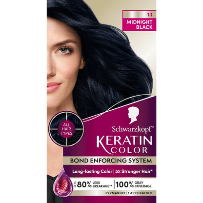 Schwarzkopf Keratin Dauerhafte Haarfarbe Creme, 1.1 Mitternachtsschwarz, Profiqualität für bis zu 100% Grauabdeckung, Bond-Verstärkungssystem