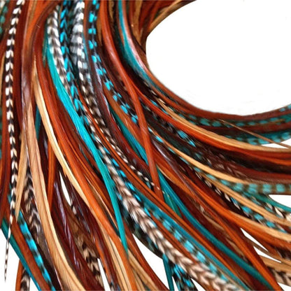 Hair Feathers Extensions Kit – Lange echte Hahnenfedern für Haare mit DIY Mikrolink-Perlen und Loop-Tool – Türkisblau und Braun Naturals