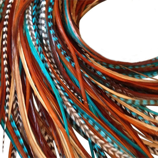 Hair Feathers Extensions Kit – Lange echte Hahnenfedern für Haare mit DIY Mikrolink-Perlen und Loop-Tool – Türkisblau und Braun Naturals