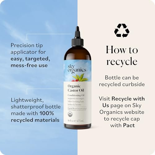 Sky Organics Rizinusöl Bio - Volumen-Haaröl - Für Kopfhaut, Wimpern, Augenbrauen - Reines Rizinusöl Kaltgepresst - Natürlicher Conditioner - Omega-Fettsäuren, Vegan - Schönheit, Haarpflege & Selbstpflege - 473 ml