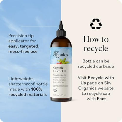 Sky Organics Rizinusöl Bio - Volumen-Haaröl - Für Kopfhaut, Wimpern, Augenbrauen - Reines Rizinusöl Kaltgepresst - Natürlicher Conditioner - Omega-Fettsäuren, Vegan - Schönheit, Haarpflege & Selbstpflege - 473 ml