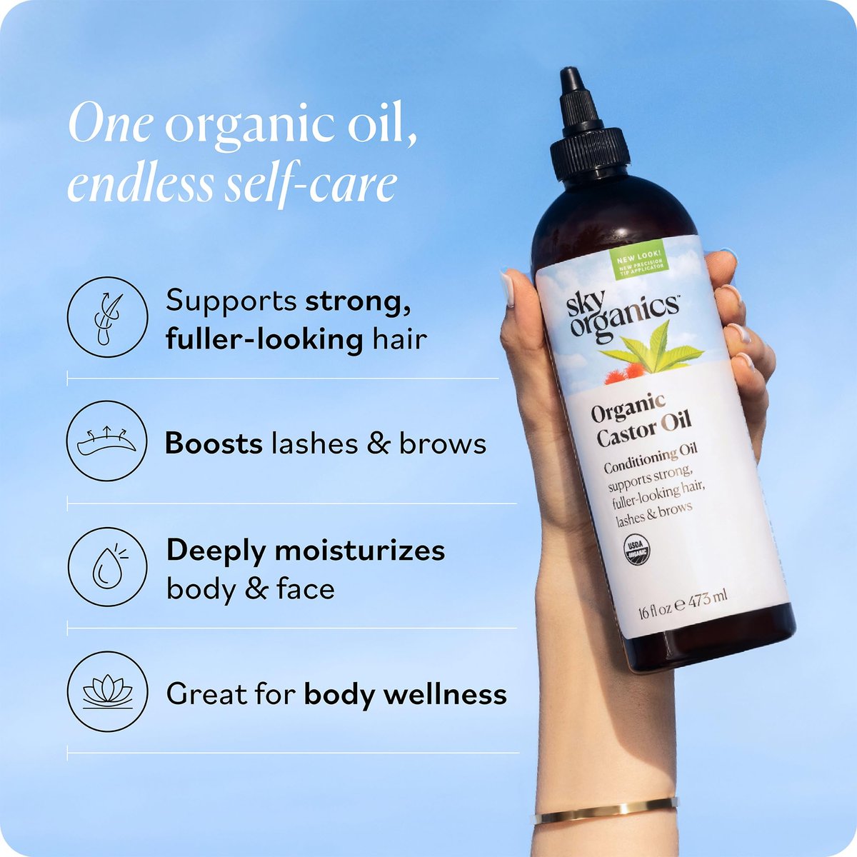Sky Organics Rizinusöl Bio - Volumen-Haaröl - Für Kopfhaut, Wimpern, Augenbrauen - Reines Rizinusöl Kaltgepresst - Natürlicher Conditioner - Omega-Fettsäuren, Vegan - Schönheit, Haarpflege & Selbstpflege - 473 ml