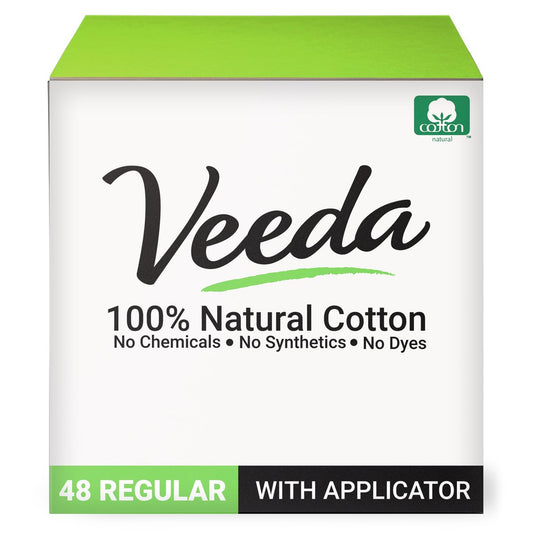 Veeda 100% Naturale Baumwolltampons – Reguläre Saugstärke mit auslaufsicherem Schutz – Kompakter BPA-freier Applikator – Ungeduftet & ohne Chlor, Giftstoffe – 48 Stück