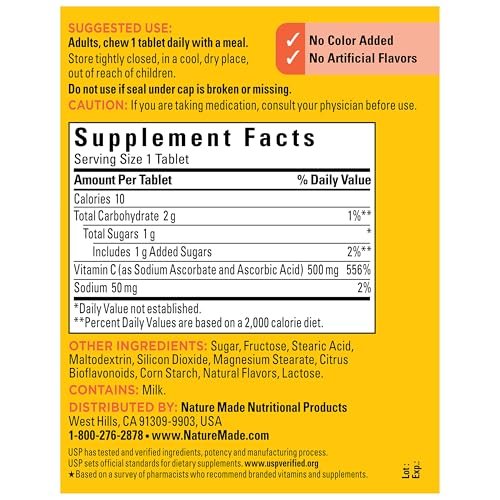 Nature Made Vitamin C 500 mg Kautabletten – Immunsystem stärken, 150 Tabletten, 150 Tage Vorrat
