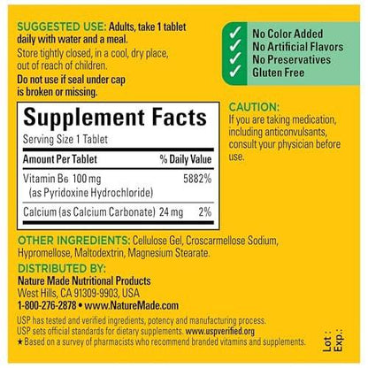 Nature Made Vitamin B6 100 mg – 100 Tabletten für den Energiestoffwechsel