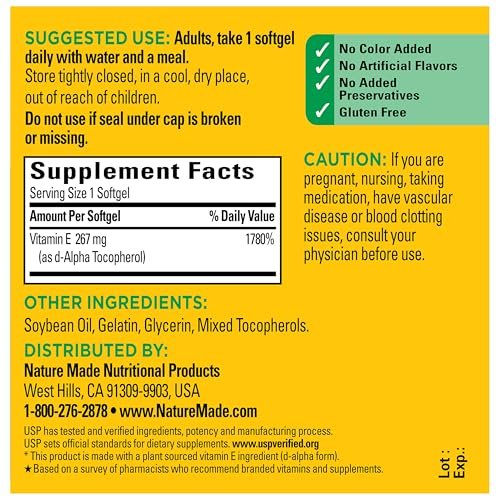 Nature Made Vitamin E 400 IE Weichkapseln 267 mg d-Alpha, Nahrungsergänzungsmittel für Antioxidantien- und Hautunterstützung, 100 Weichkapseln, 100-Tage-Vorrat