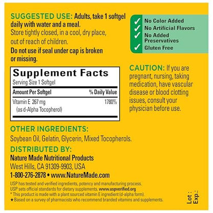 Nature Made Vitamin E 400 IE Weichkapseln 267 mg d-Alpha, Nahrungsergänzungsmittel für Antioxidantien- und Hautunterstützung, 100 Weichkapseln, 100-Tage-Vorrat