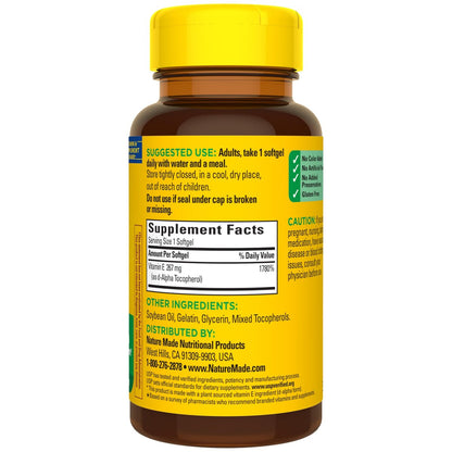 Nature Made Vitamin E 400 IE Weichkapseln 267 mg d-Alpha, Nahrungsergänzungsmittel für Antioxidantien- und Hautunterstützung, 100 Weichkapseln, 100-Tage-Vorrat