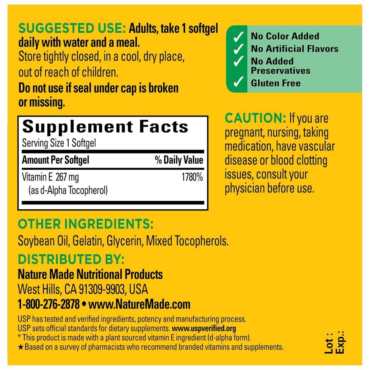 Nature Made Vitamin E 400 IE Weichkapseln 267 mg d-Alpha, Nahrungsergänzungsmittel für Antioxidantien- und Hautunterstützung, 100 Weichkapseln, 100-Tage-Vorrat