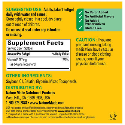 Nature Made Vitamin E 400 IE Weichkapseln 267 mg d-Alpha, Nahrungsergänzungsmittel für Antioxidantien- und Hautunterstützung, 100 Weichkapseln, 100-Tage-Vorrat