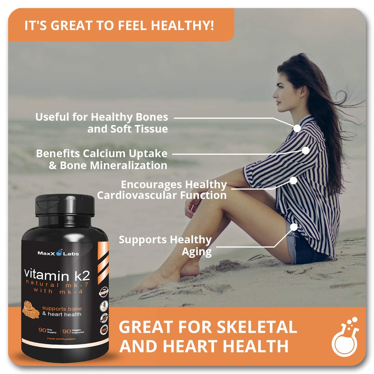 MaxX Labs Vitamin K2 Komplex - Vollspektrum K2-MK7, MK4 & Vitamin D - Hochdosiert K2 mit D3 - Vitamin-K 600mcg - Unterstützt Knochengesundheit - 90 Kapseln