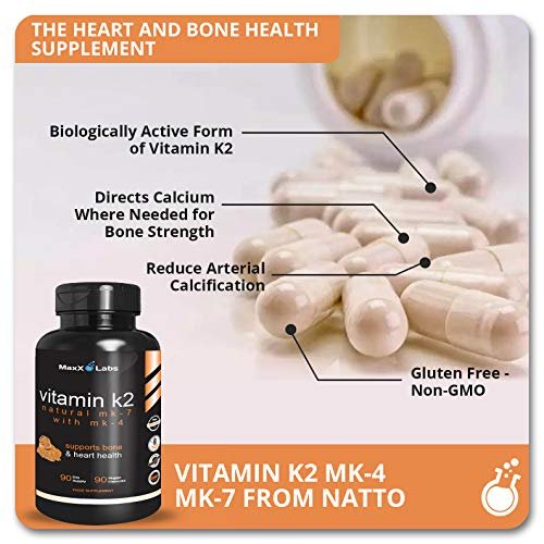 MaxX Labs Vitamin K2 Komplex - Vollspektrum K2-MK7, MK4 & Vitamin D - Hochdosiert K2 mit D3 - Vitamin-K 600mcg - Unterstützt Knochengesundheit - 90 Kapseln
