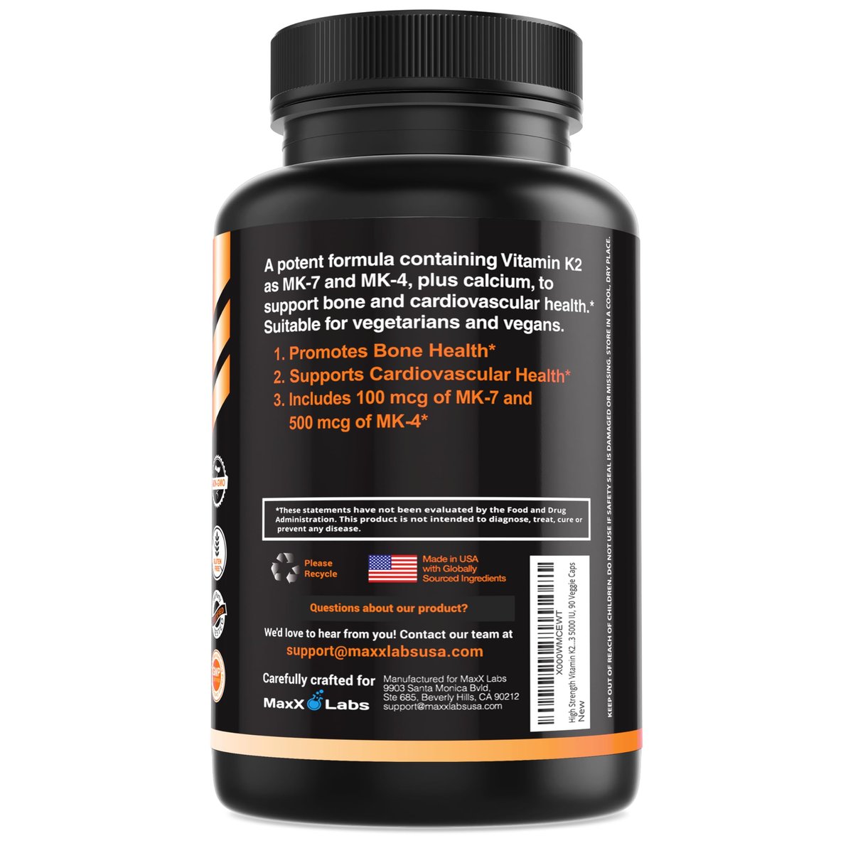 MaxX Labs Vitamin K2 Komplex - Vollspektrum K2-MK7, MK4 & Vitamin D - Hochdosiert K2 mit D3 - Vitamin-K 600mcg - Unterstützt Knochengesundheit - 90 Kapseln