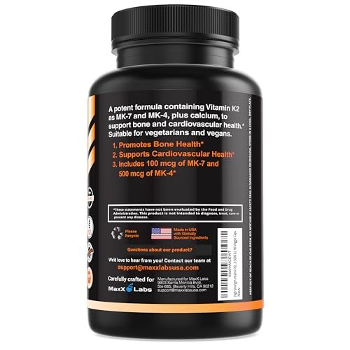 MaxX Labs Vitamin K2 Komplex - Vollspektrum K2-MK7, MK4 & Vitamin D - Hochdosiert K2 mit D3 - Vitamin-K 600mcg - Unterstützt Knochengesundheit - 90 Kapseln