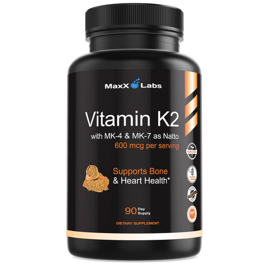 MaxX Labs Vitamin K2 Komplex - Vollspektrum K2-MK7, MK4 & Vitamin D - Hochdosiert K2 mit D3 - Vitamin-K 600mcg - Unterstützt Knochengesundheit - 90 Kapseln