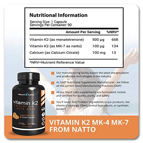 MaxX Labs Vitamin K2 Komplex - Vollspektrum K2-MK7, MK4 & Vitamin D - Hochdosiert K2 mit D3 - Vitamin-K 600mcg - Unterstützt Knochengesundheit - 90 Kapseln