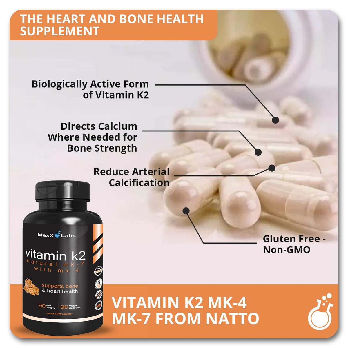 MaxX Labs Vitamin K2 Komplex - Vollspektrum K2-MK7, MK4 & Vitamin D - Hochdosiert K2 mit D3 - Vitamin-K 600mcg - Unterstützt Knochengesundheit - 90 Kapseln