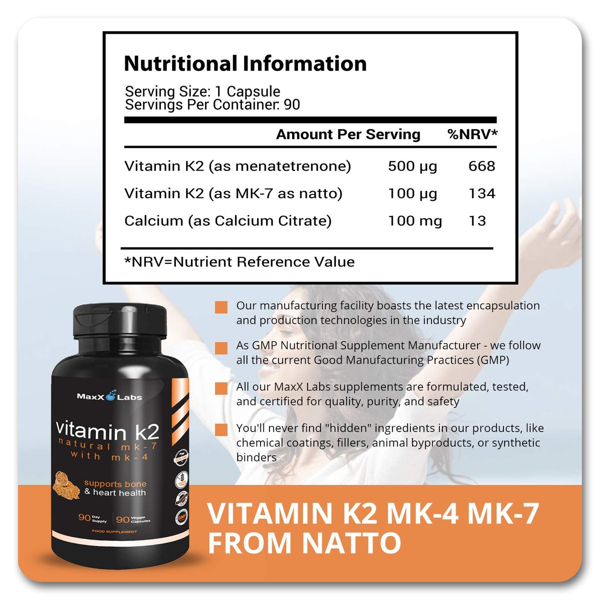 MaxX Labs Vitamin K2 Komplex - Vollspektrum K2-MK7, MK4 & Vitamin D - Hochdosiert K2 mit D3 - Vitamin-K 600mcg - Unterstützt Knochengesundheit - 90 Kapseln