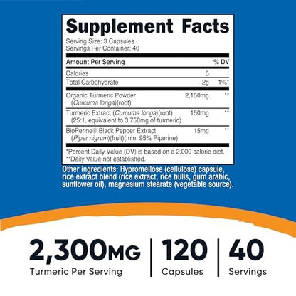 Nutricost Kurkuma Curcumin mit BioPerin und 95 % Curcuminoide, 2300 mg, 120 Kapseln, Vegane Kapseln, 767 mg pro Kapsel, 40 Portionen, Glutenfrei, Nicht-GVO