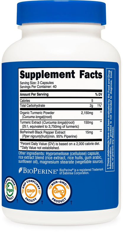 Nutricost Kurkuma Curcumin mit BioPerin und 95 % Curcuminoide, 2300 mg, 120 Kapseln, Vegane Kapseln, 767 mg pro Kapsel, 40 Portionen, Glutenfrei, Nicht-GVO