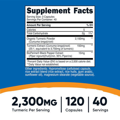 Nutricost Kurkuma Curcumin mit BioPerin und 95 % Curcuminoide, 2300 mg, 120 Kapseln, Vegane Kapseln, 767 mg pro Kapsel, 40 Portionen, Glutenfrei, Nicht-GVO