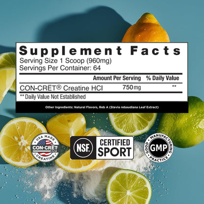 CON-CRET Kreatin HCl Pulver | Muskel-, kognitive & zelluläre Energieunterstützung | Kein Blähbauch oder Krämpfe | Hergestellt in den USA & NSF-zertifiziert | Lemon Lime (64 Portionen)