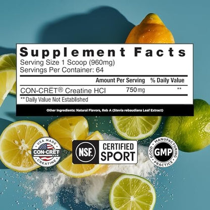 CON-CRET Kreatin HCl Pulver | Muskel-, kognitive & zelluläre Energieunterstützung | Kein Blähbauch oder Krämpfe | Hergestellt in den USA & NSF-zertifiziert | Lemon Lime (64 Portionen)