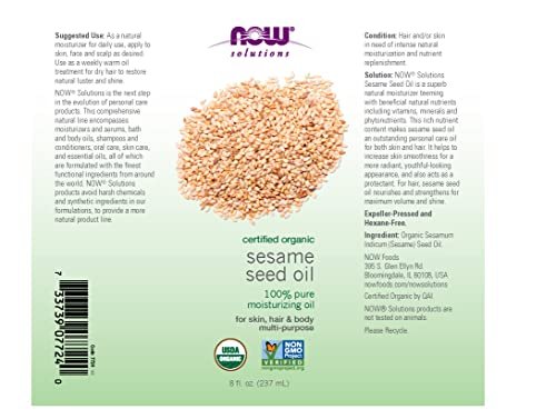 NOW Foods Solutions Bio-Sesamöl, 100% reines Feuchtigkeitsöl für Haut und Haar, mit Vitaminen, Mineralien und Phytonährstoffen, 237 ml