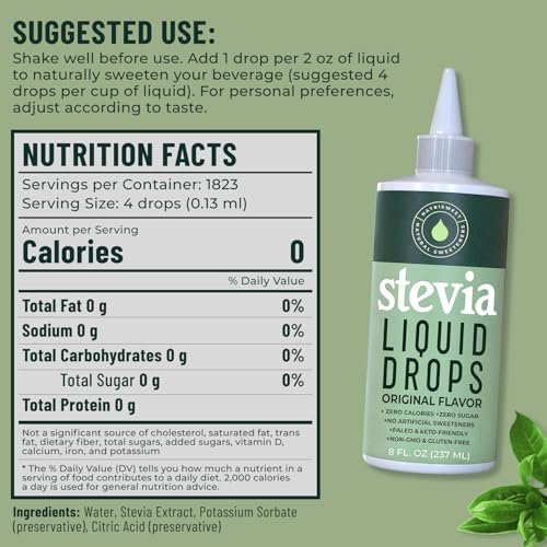 NatriSweet Stevia Flüssigtropfen, 237 ml, 1823 Portionen, reine konzentrierte Tropfen mit null Kalorien und null Kohlenhydraten, köstlicher Zuckerersatz für Keto- und Paleo-Diäten