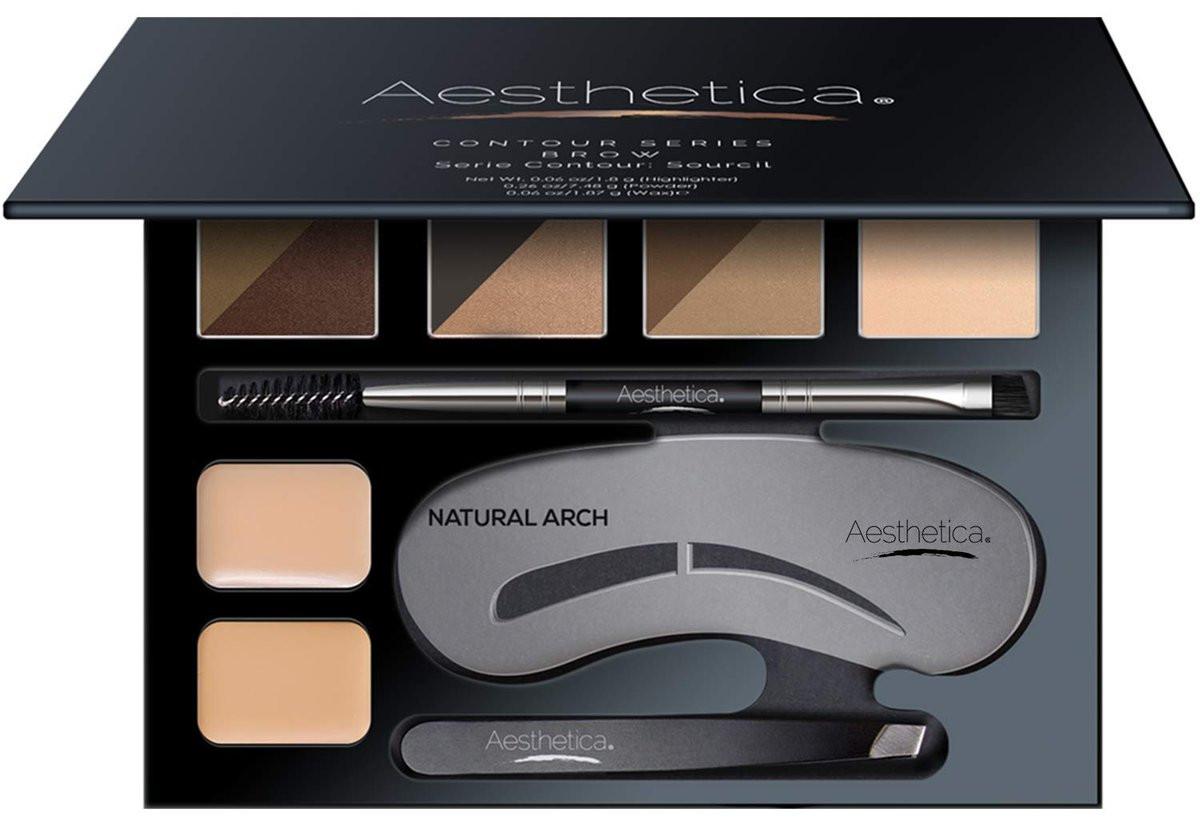 Aesthetica Brow Contour Kit - 16-teiliges Augenbrauen-Make-up-Set mit 6 Puder, 5 Schablonen, Bürste, Pinzette, Wachs und Highlighter - Perfektes Geschenk für Frauen