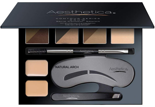 Aesthetica Brow Contour Kit - 16-teiliges Augenbrauen-Make-up-Set mit 6 Puder, 5 Schablonen, Bürste, Pinzette, Wachs und Highlighter - Perfektes Geschenk für Frauen