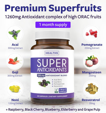 Super Antioxidantien Komplex für Frauen & Männer – Hochpotente Kräuter- & Früchtemischung mit Acai, Goji, Granatapfel, Holunderbeere & Resveratrol für Hautpflege & Immununterstützung – Vegan & Nicht-GVO – 60 Kapseln